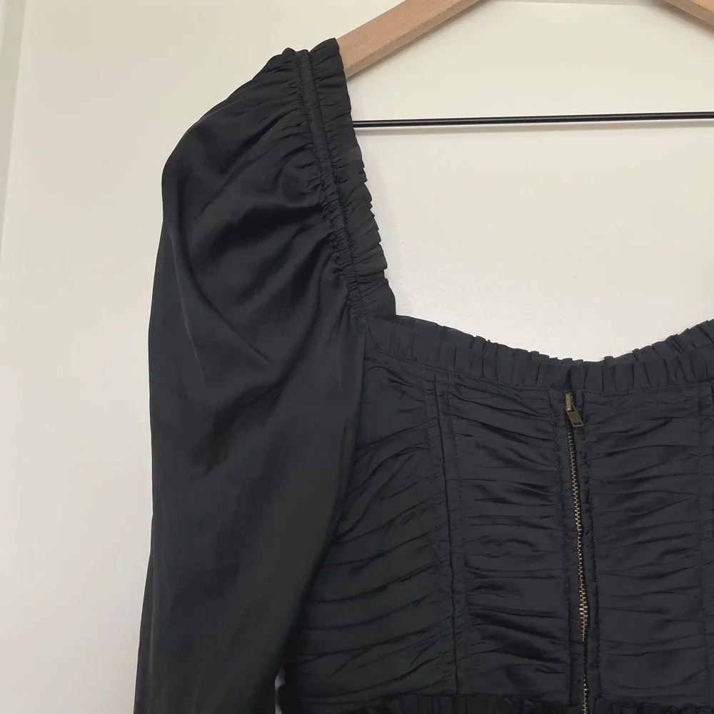Ulla Johnson Mia Blouse Sz 0 Black Plisse Satin Bustier Puff Sleeve Pleated Sexy